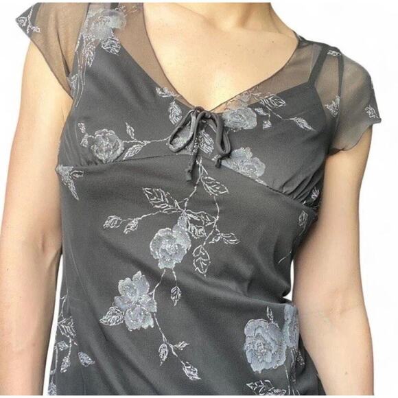 Vintage Y2K 90s Byer Too! Black Mesh Dress Silver Glitter Floral Design Sz M - Picture 2 of 6